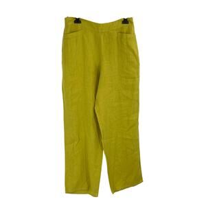 FLAX By Jeanne Engelhart 100% Linen Wide Leg Pants Elastic Waist In Green Size M